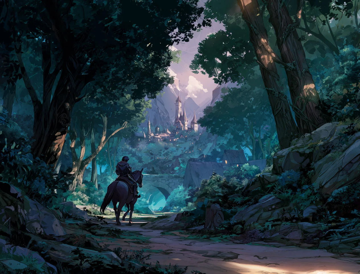 Roads diverging through a fantasy forest. A lone horse rider passes. A village glows faintly in the distance just visible through the trees. Modern comic book art. Colourful. --ar 17:13 --profile tbbexg2 --v 7 Job ID: ef4045a3-65fd-4d14-bb8d-eae7bec5d7d6