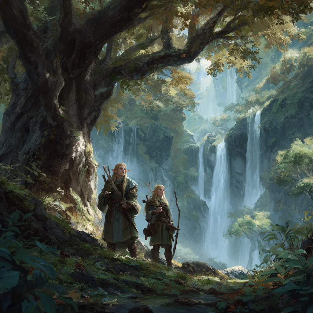 Forest elves by the leafy trees with a waterfall behind them --v 7 Job ID: e55837c2-0518-4fc8-98d6-1fcb5f89c5cd