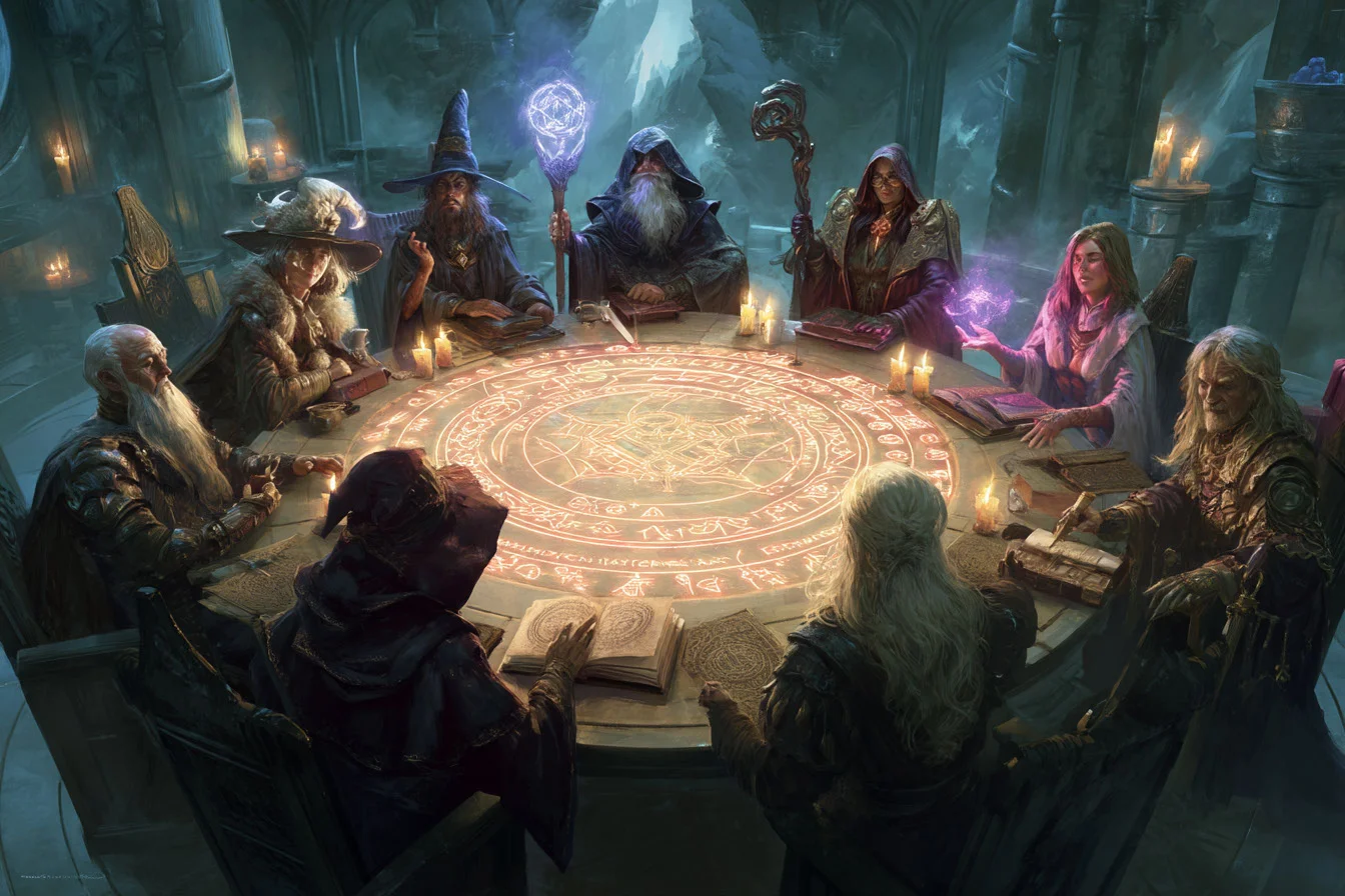 Fantasy artwork, Imagine eight powerful wizards--four men and four women--gathered in a grand, arcane chamber carved into the roots of a crystal-studded mountain. At the center of the stone room rests a massive round table, its surface etched with ancient runes and glowing ley lines, pulsing softly with arcane power. Floating candles and magical orbs illuminate the chamber in hues of violet and blue. Each wizard, clad in robes reflecting their school of magic, holds an artifact symbolizing their mastery: a staff crowned with a burning star, a tome bound in celestial skin, an orb of mirrored void, and blades woven from frost and flame. One elder conjures spectral images above the table, while a younger mage gestures with a wand made from phoenix bone. The air crackles with tension and focus--this is no council of mere scholars, but a conclave of world-shaping power, convened to alter the fate of realms. Behind them, magical glyphs shimmer on towering bookshelves and protective wards swirl across the stone walls. Each wizard’s face glows with determination and mystery, ready to shape destiny. Fantasy setting. --ar 3:2 --iw 2 --v 7 Job ID: 2f88fdda-6c73-493f-b279-43a7134b0163