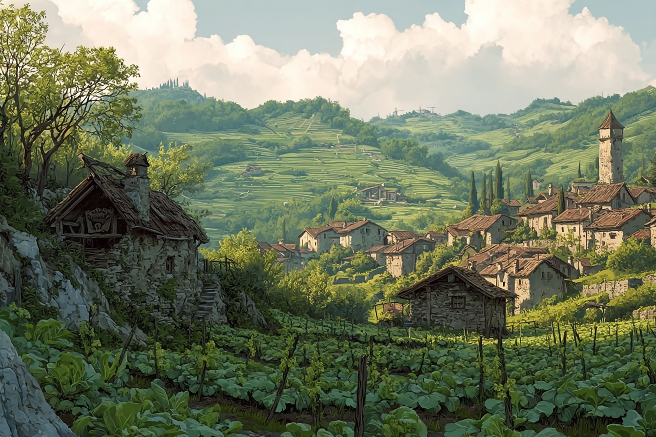 Aunkspear - Cormyr - Forgotten Realms A small rural fantasy village between three small grassy hills, horse paddocks and cabbage fields, 20 stone cottages with thatched roofs, a cozy inn with a golden plow sign, smoke curling from chimneys, distant woods, overcast sky fantasy illustration, high detail, soft natural light