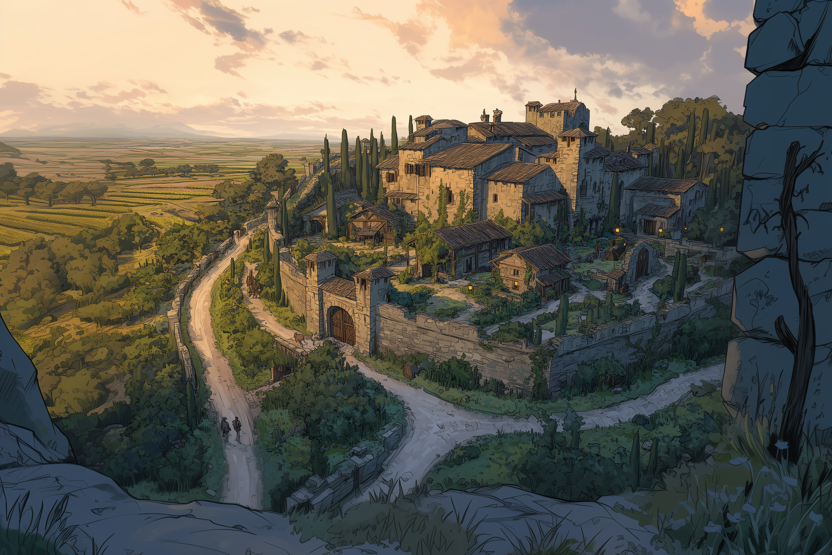 Blisterfoot Inn - Cormyr - Forgotten Realms  A small wood fortified fantasy roadside settlement, centered on a large stone inn with shuttered windows, corner turrets, and rising chimneys. The inn is surrounded by simple stone cottages and artisan workshops with thatched or shingled roofs. A low wood wall encloses the village, with wooden gates and signposts pointing toward haunted hills in the distance.